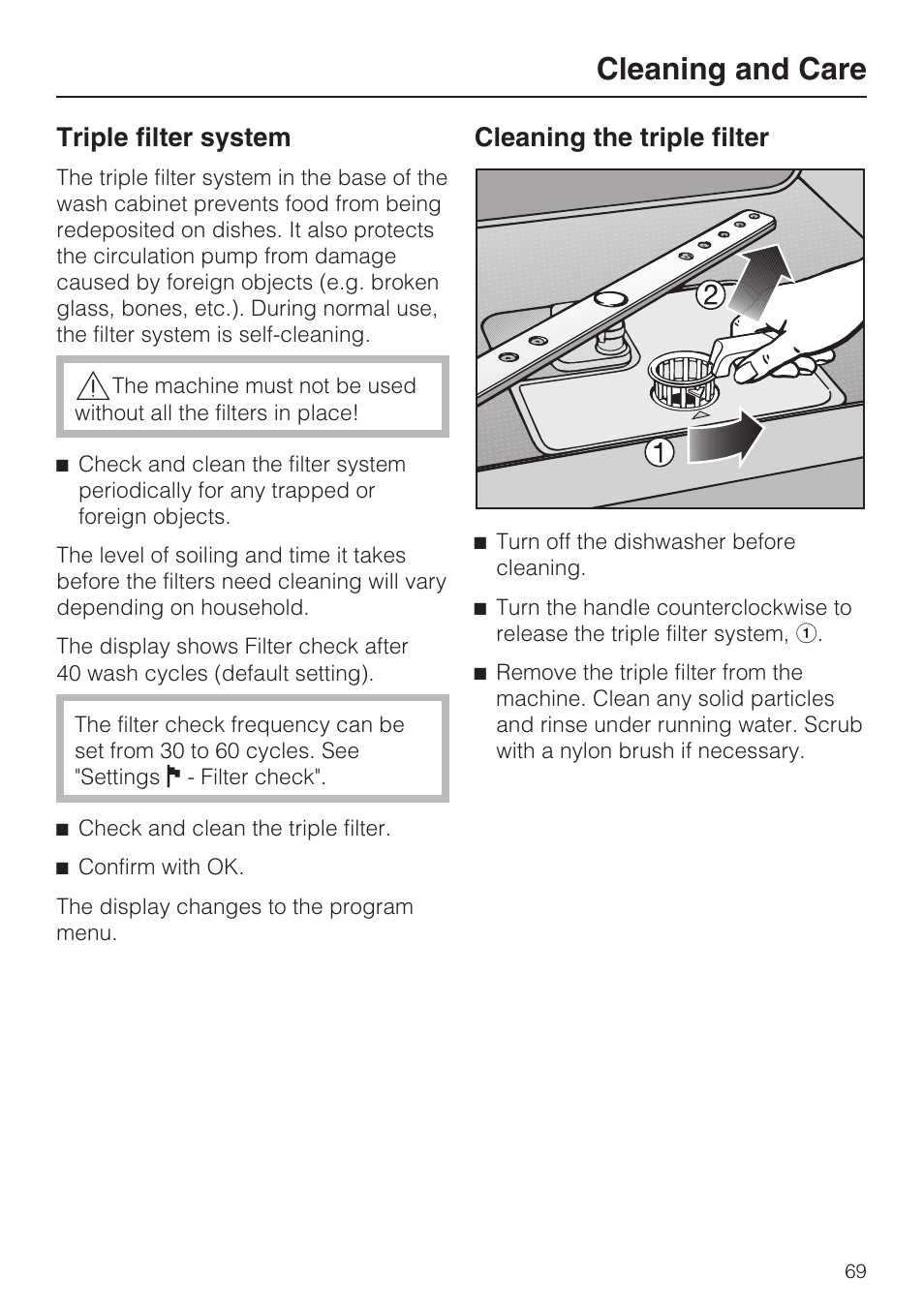 Triple filter system 69, Cleaning and care, Triple filter system | Cleaning the triple filter | Miele G 2832 User Manual | Page 69 / 80
