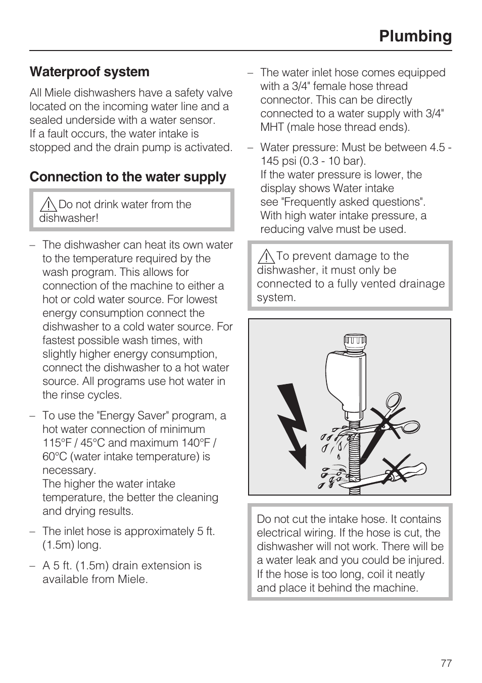 Plumbing 77, Waterproof system 77, Connection to the water supply 77 | Plumbing, Waterproof system, Connection to the water supply | Miele G 2832 User Manual | Page 77 / 80
