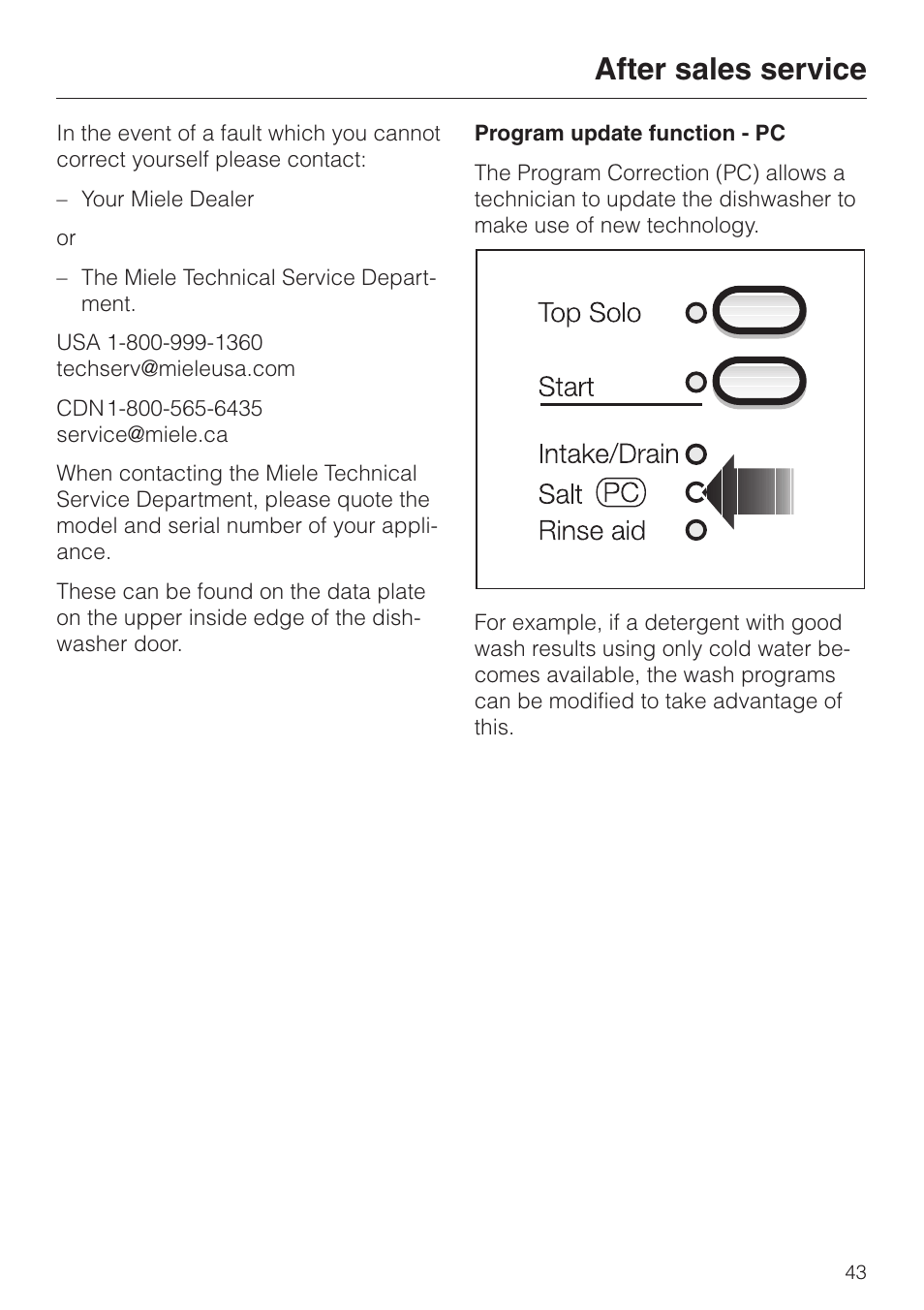After sales service 43, After sales service | Miele NOVOTRONIC G 851 SC PLUS User Manual | Page 43 / 52