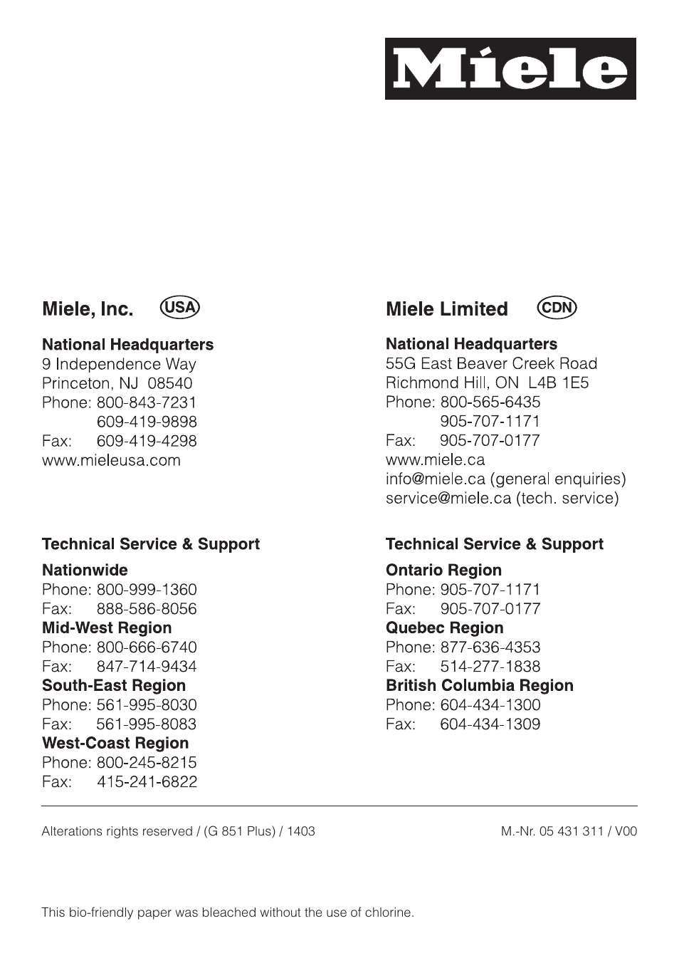 Miele NOVOTRONIC G 851 SC PLUS User Manual | Page 52 / 52
