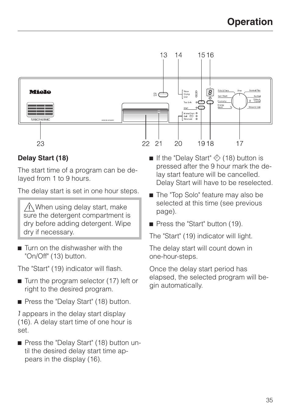 Delay start (18) 35, Delay start (18), Operation | Miele NOVOTRONIC G 856 SC ELITE User Manual | Page 35 / 52