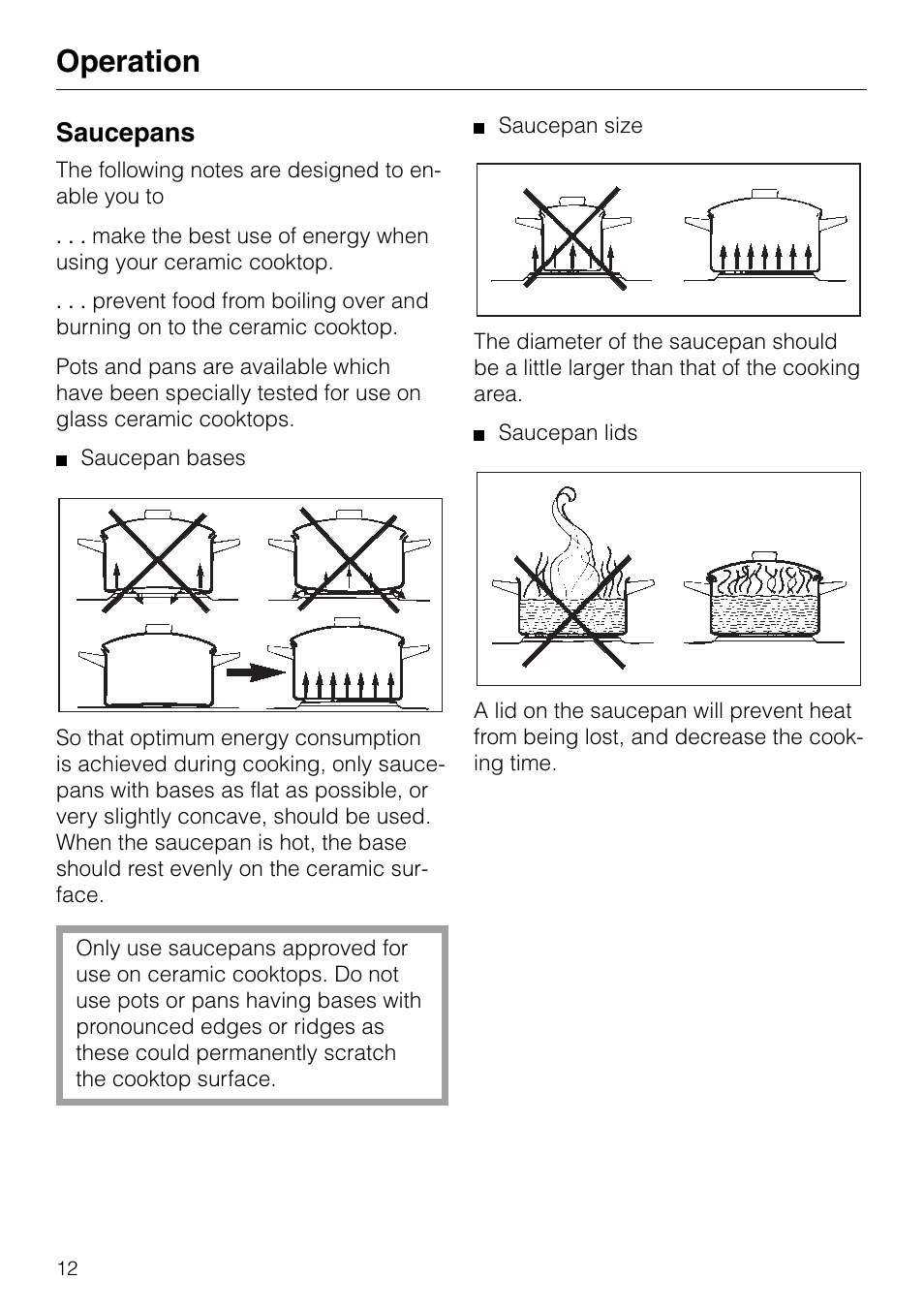 Operation, Saucepans | Miele KM84-2 User Manual | Page 12 / 28