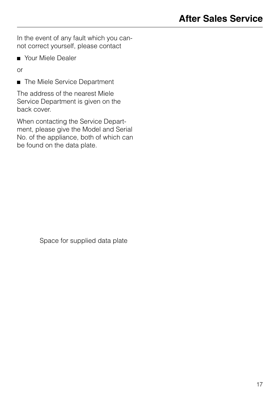 After sales service | Miele KM84-2 User Manual | Page 17 / 28