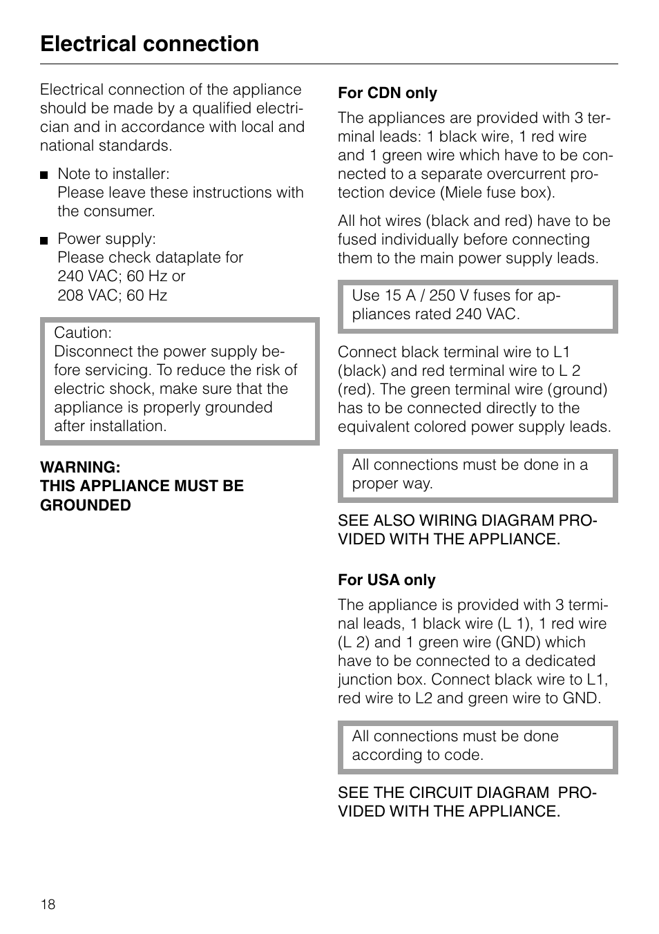 Electrical connection | Miele KM84-2 User Manual | Page 18 / 28