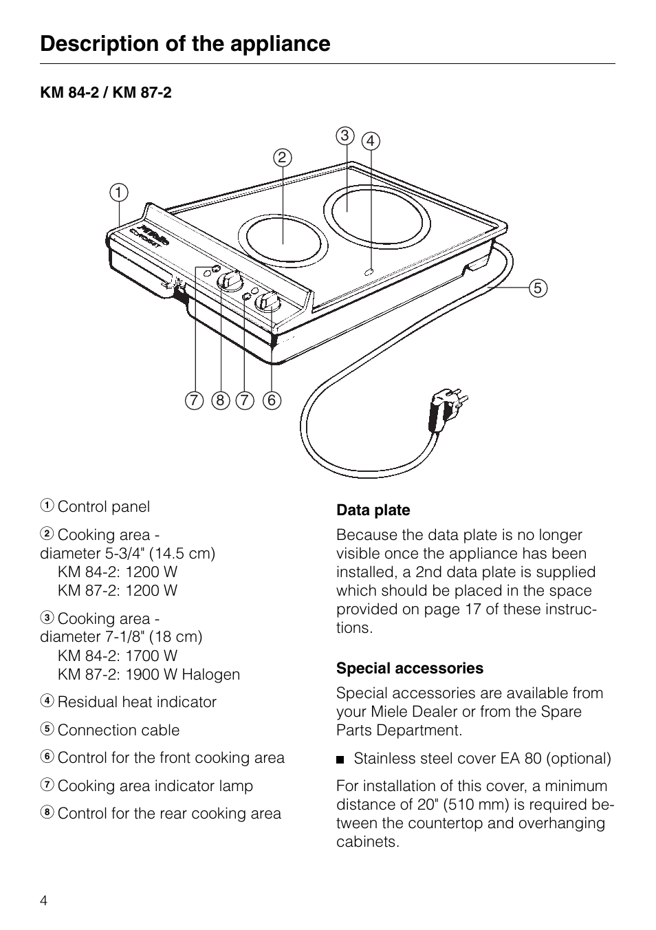 Description of the appliance | Miele KM84-2 User Manual | Page 4 / 28