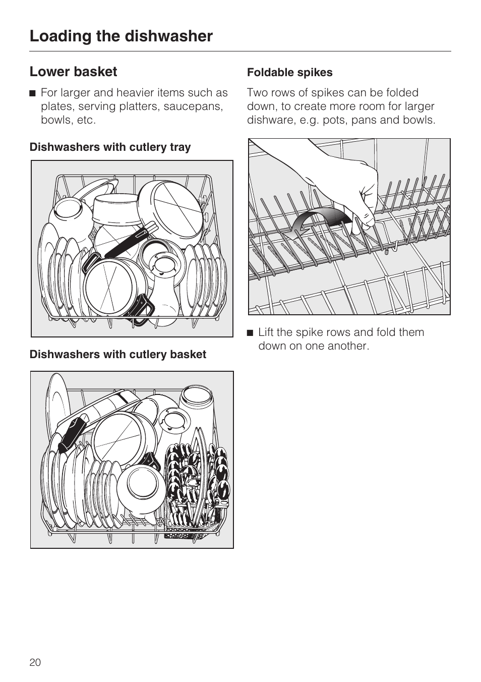Lower basket 20, Loading the dishwasher, Lower basket | Miele INSPIRA G 2120 User Manual | Page 20 / 52