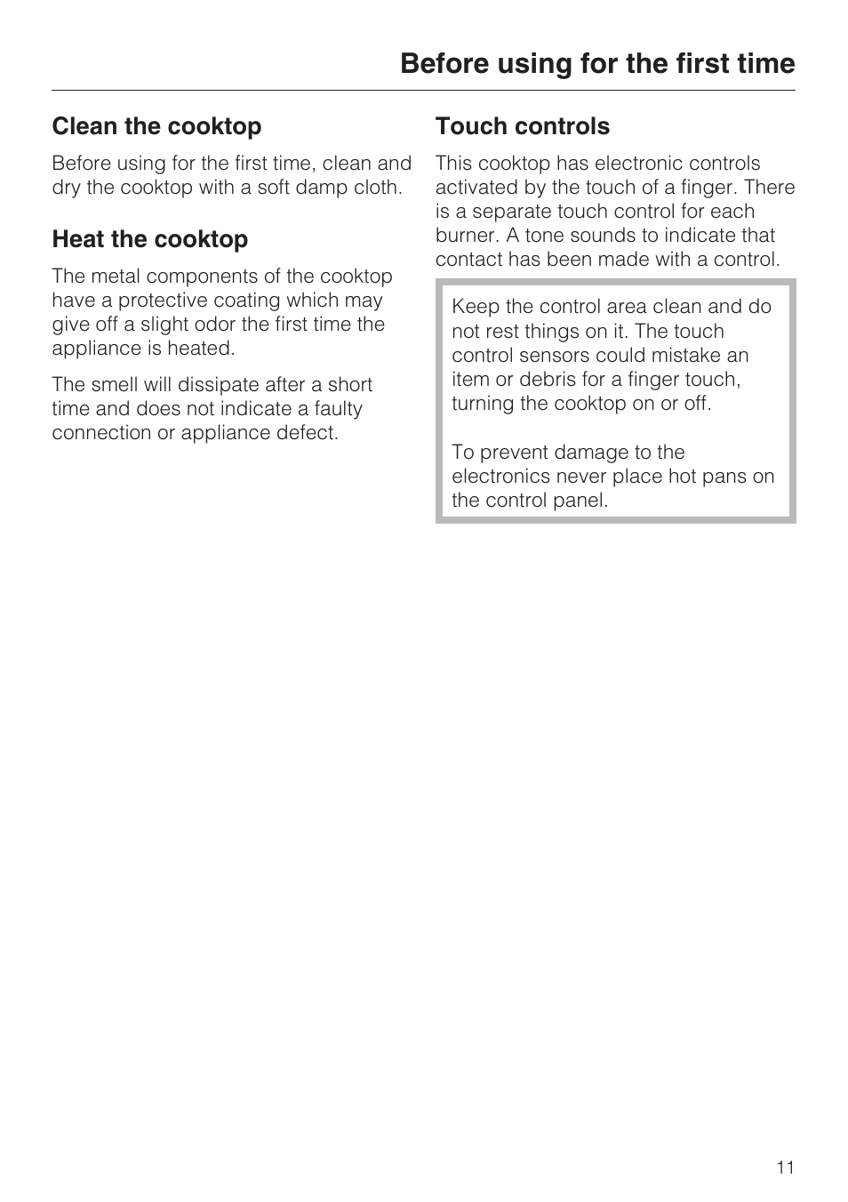 Before using for the first time 11, Touch controls 11, Before using for the first time | Miele KM5656 User Manual | Page 11 / 44