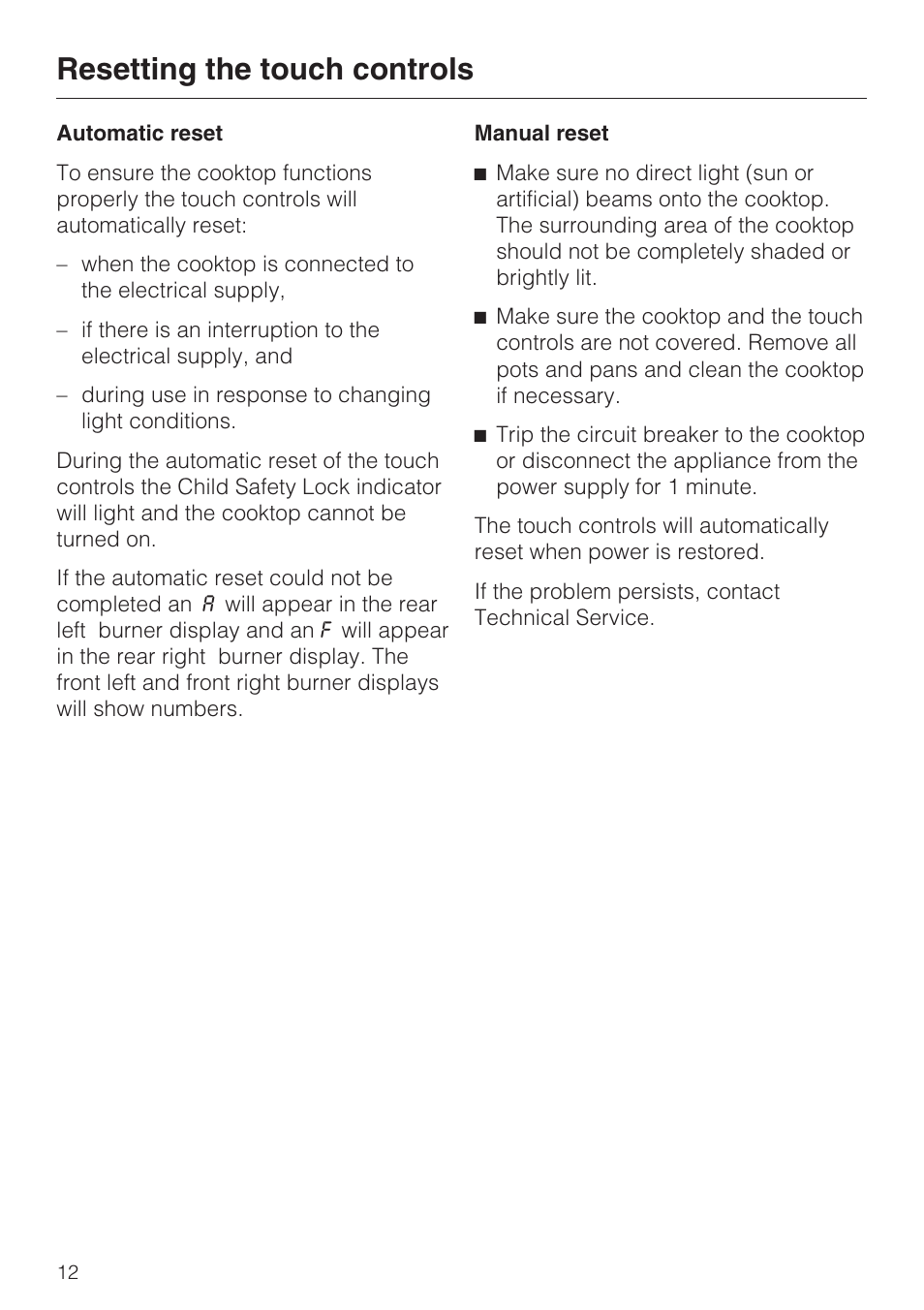 Resetting the touch controls 12, Automatic reset 12, Manual reset 12 | Resetting the touch controls | Miele KM5656 User Manual | Page 12 / 44