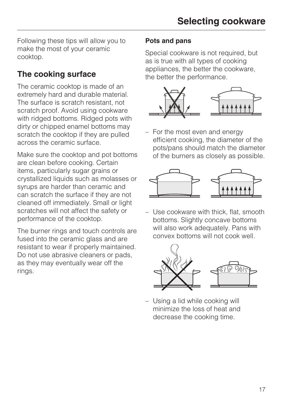 Selecting cookware 17, Selecting cookware, The cooking surface | Miele KM5656 User Manual | Page 17 / 44