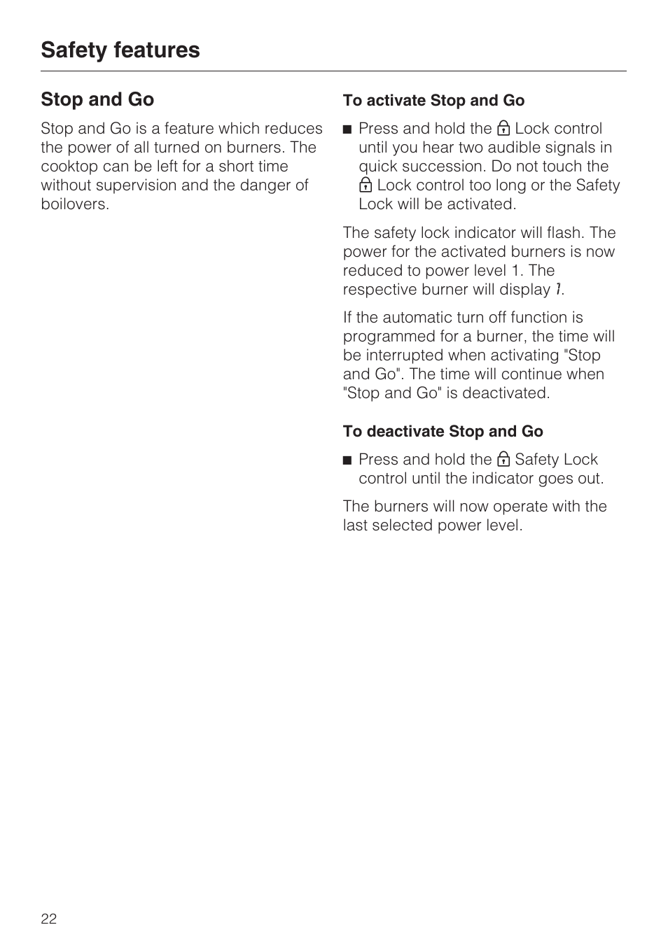 Stop and go 22, Safety features, Stop and go | Miele KM5656 User Manual | Page 22 / 44