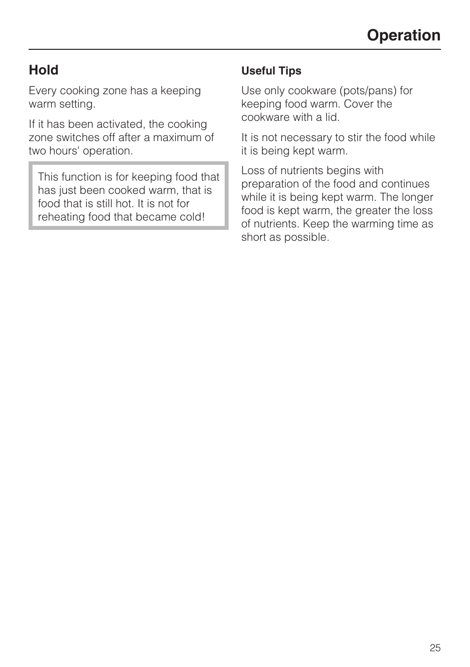 Hold 25, Operation, Hold | Miele KM 5993 User Manual | Page 25 / 60