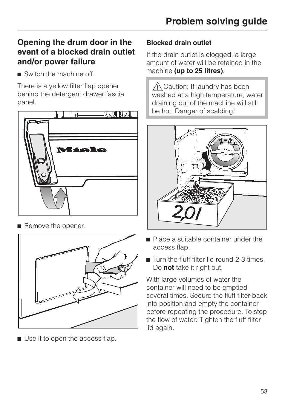 Blocked drain outlet 53, Problem solving guide | Miele WT 945 S WPS User Manual | Page 53 / 76