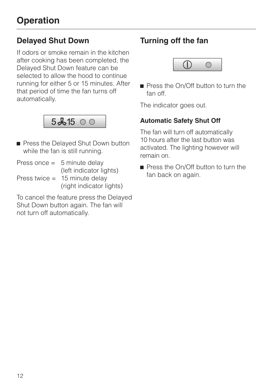 Delayed shut down 12, Turning off the fan 12, Operation | Delayed shut down, Turning off the fan | Miele DA 270-4 User Manual | Page 12 / 32