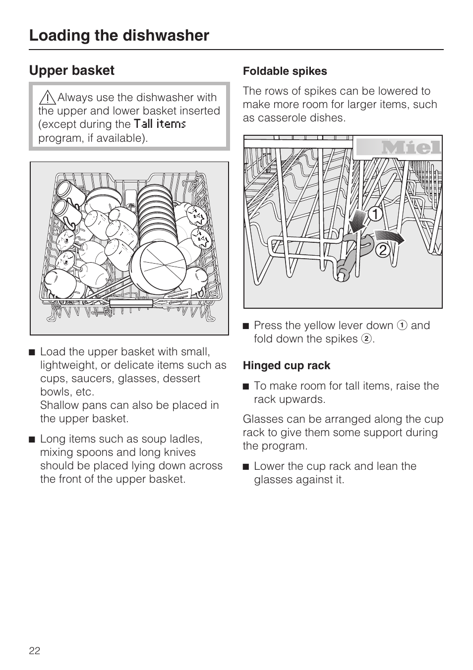 Upper basket 22, Loading the dishwasher, Upper basket | Miele G 5775 User Manual | Page 22 / 72
