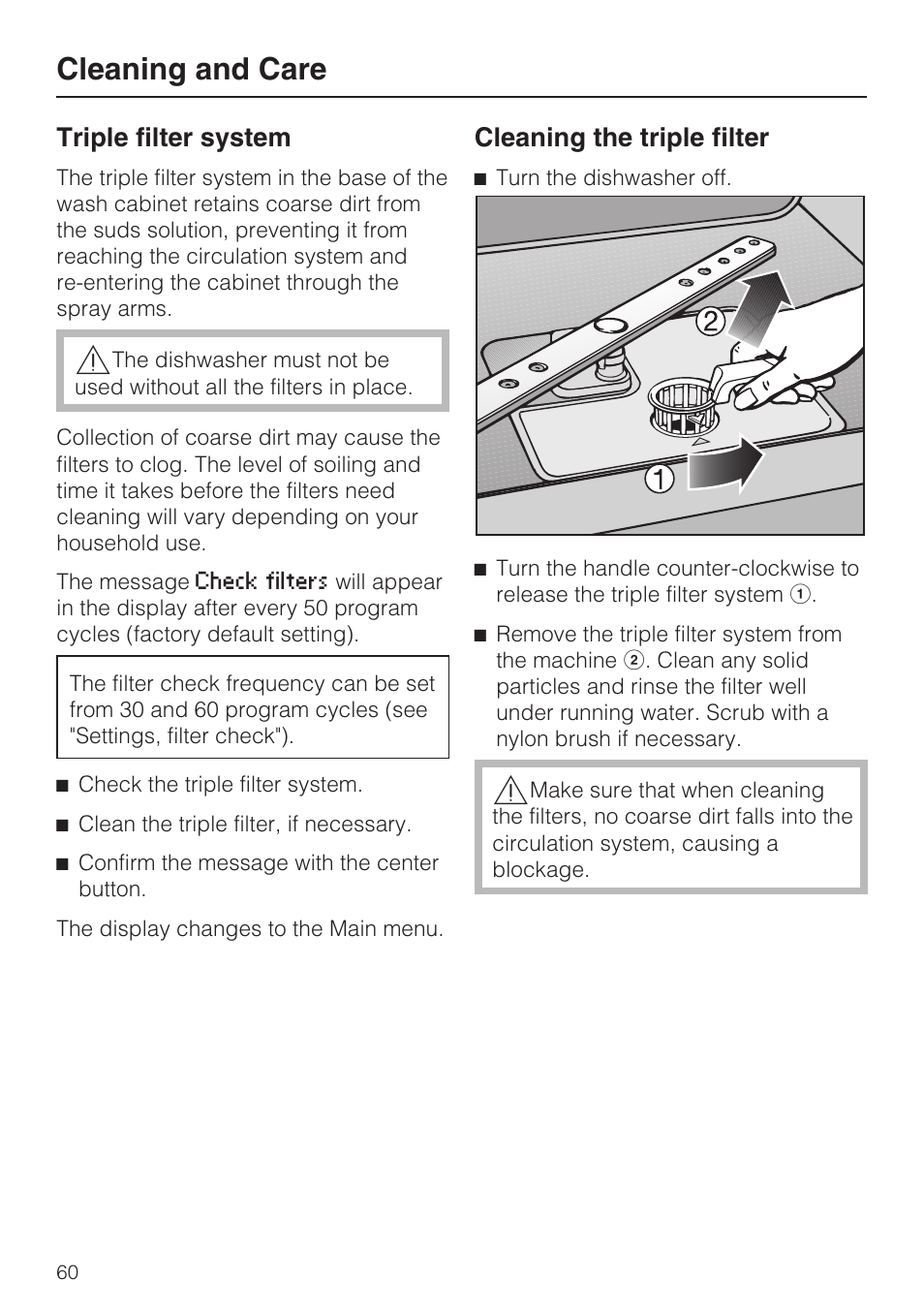 Triple filter system 60, Cleaning and care, Triple filter system | Cleaning the triple filter | Miele G 5775 User Manual | Page 60 / 72