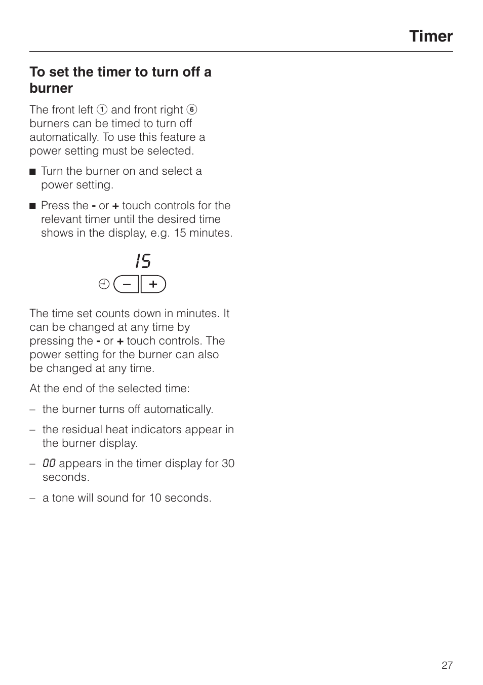 To set the timer to turn off a burner 27, To set the timer to turn off a burner, Timer | Miele KM 452 User Manual | Page 27 / 32