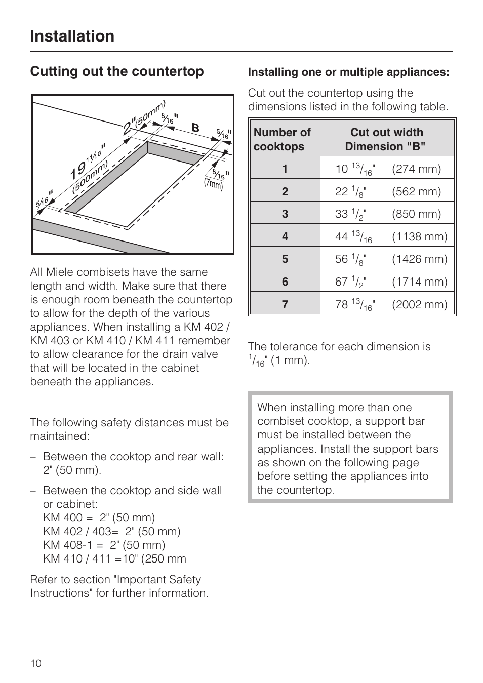 Installation 10, Cutting out the countertop 10, Installation cutting out the countertop | Installation, Cutting out the countertop | Miele KM 403 User Manual | Page 10 / 16