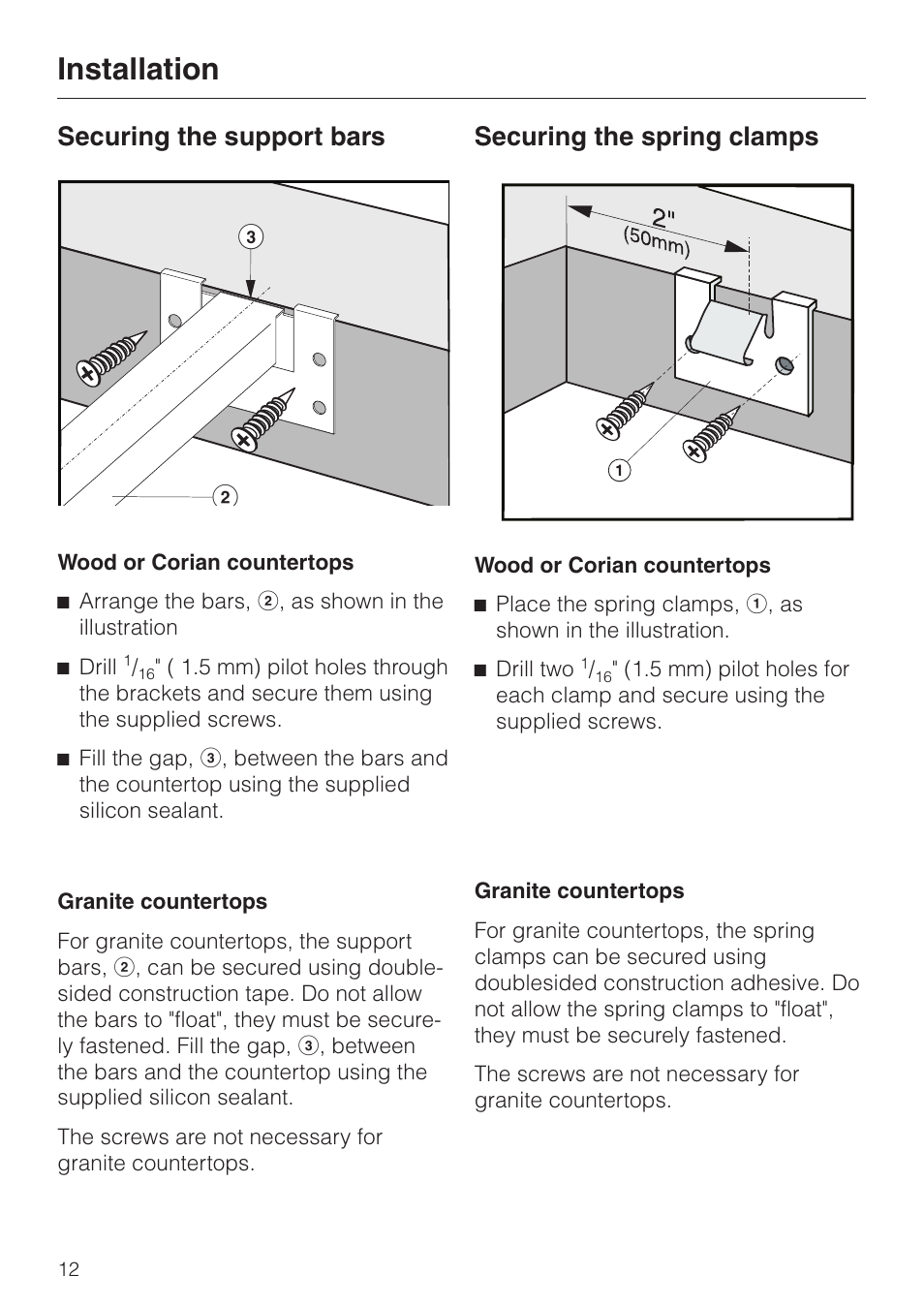 Securing the support bars 12, Wood or corian countertops 12, Granite countertops 12 | Securing the spring clamps 12, Securing the support bars, Wood or corian countertops granite countertops, Securing the spring clamps, Installation | Miele KM 403 User Manual | Page 12 / 16