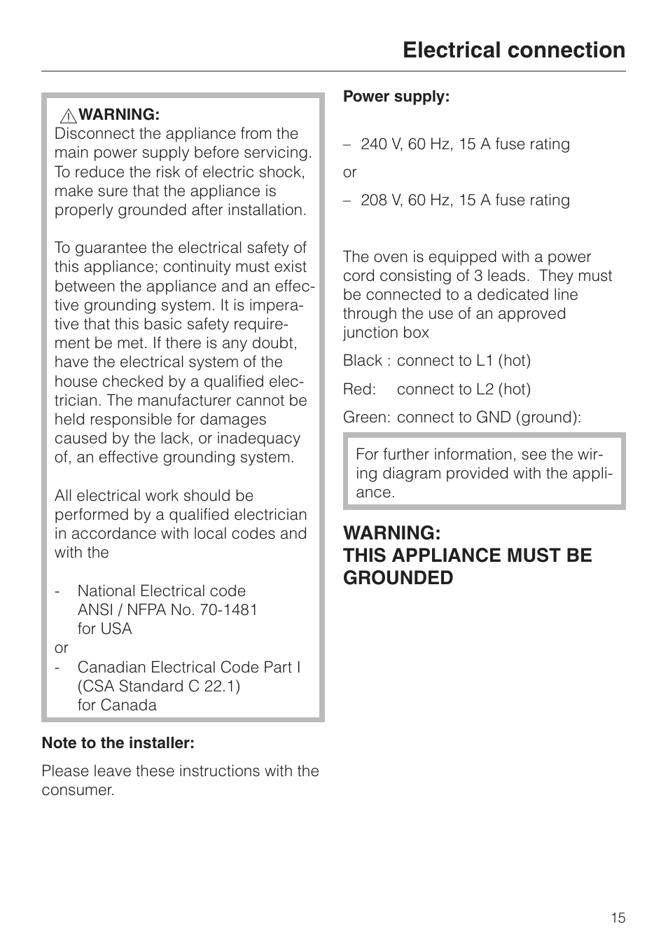 Electrical connection 15, Electrical connection, Warning: this appliance must be grounded | Miele KM 403 User Manual | Page 15 / 16