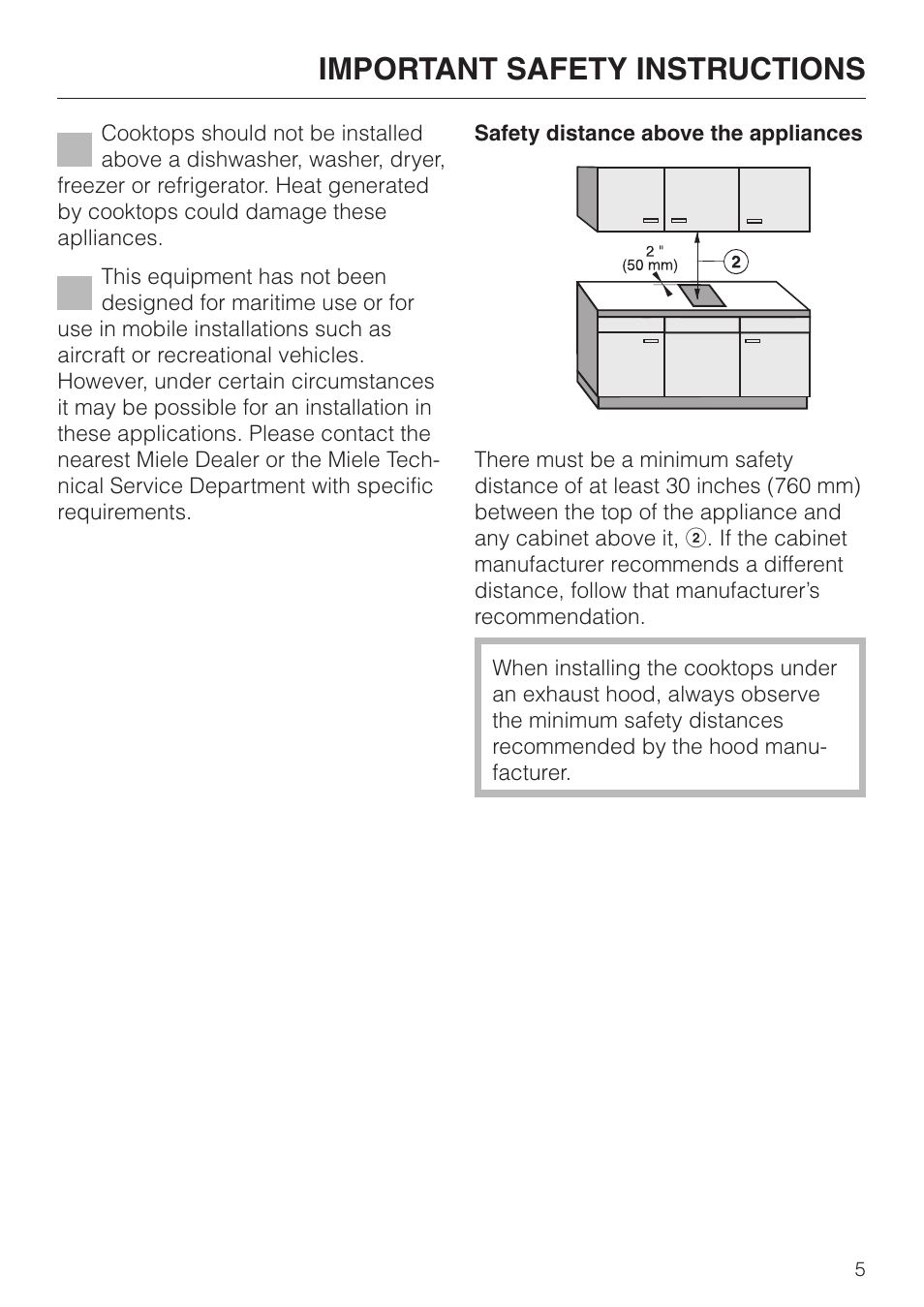Safety distance above the appliances 5, Safety distance above the appliances, Important safety instructions | Miele KM 403 User Manual | Page 5 / 16