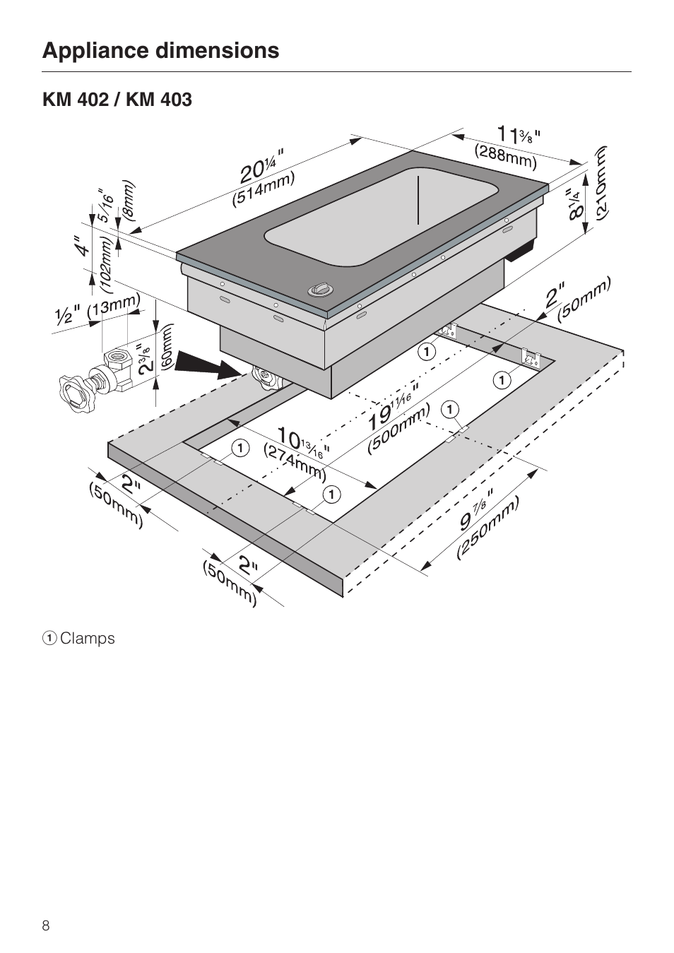 Km 402 / km 403 8, Km 402 / km 403, Appliance dimensions | Miele KM 403 User Manual | Page 8 / 16