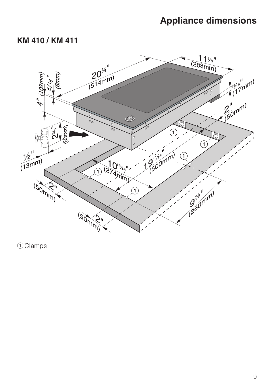 Km 410 / km 411 9, Km 410 / km 411, Appliance dimensions | Miele KM 403 User Manual | Page 9 / 16