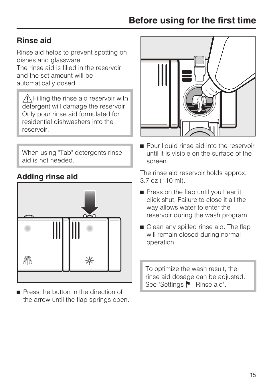 Rinse aid 15, Adding rinse aid 15, Before using for the first time | Rinse aid, Adding rinse aid | Miele G 2732 User Manual | Page 15 / 76