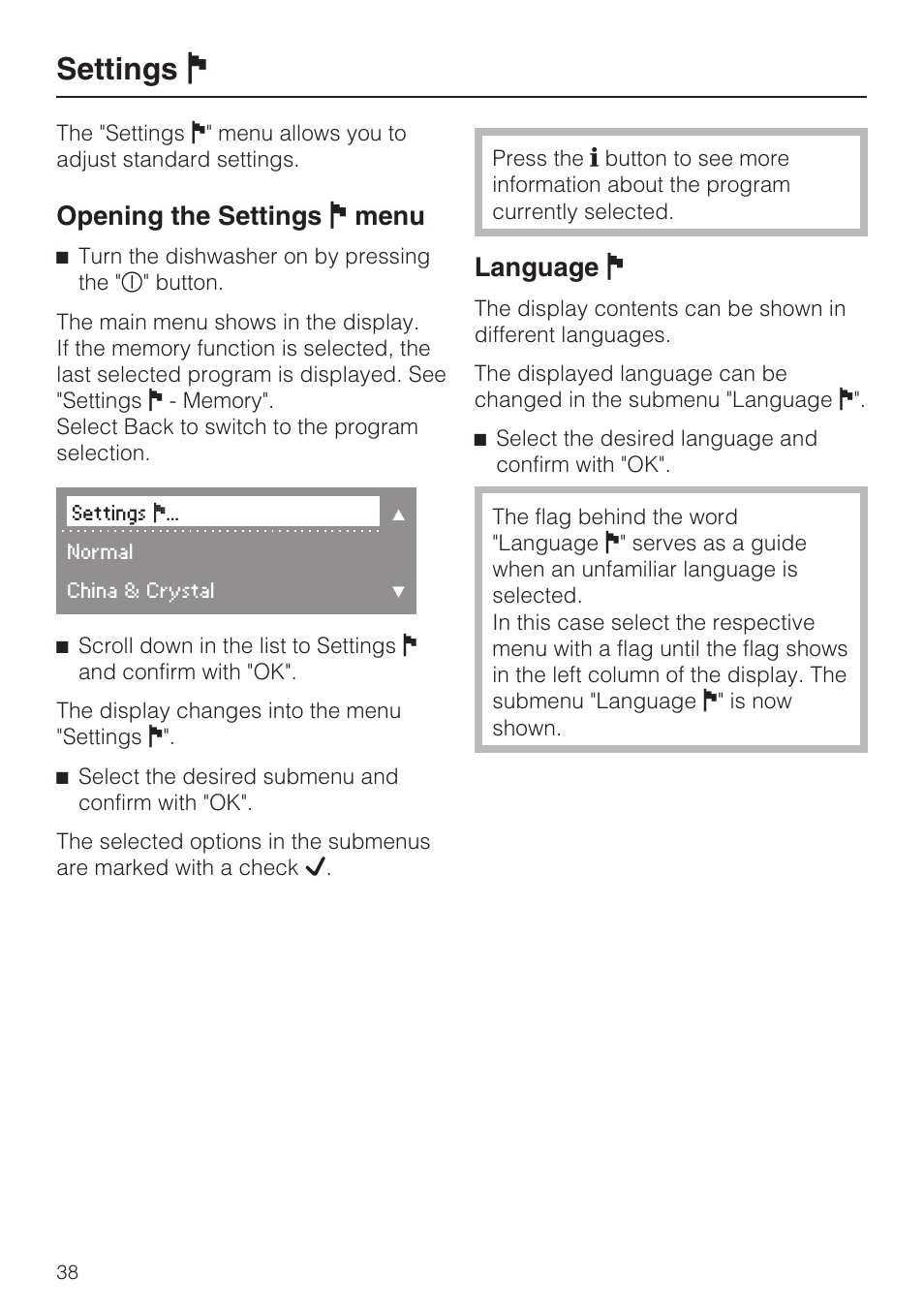 Settings j 38, Language j 38, Settings j | Opening the settings j menu, Language j | Miele G 2732 User Manual | Page 38 / 76