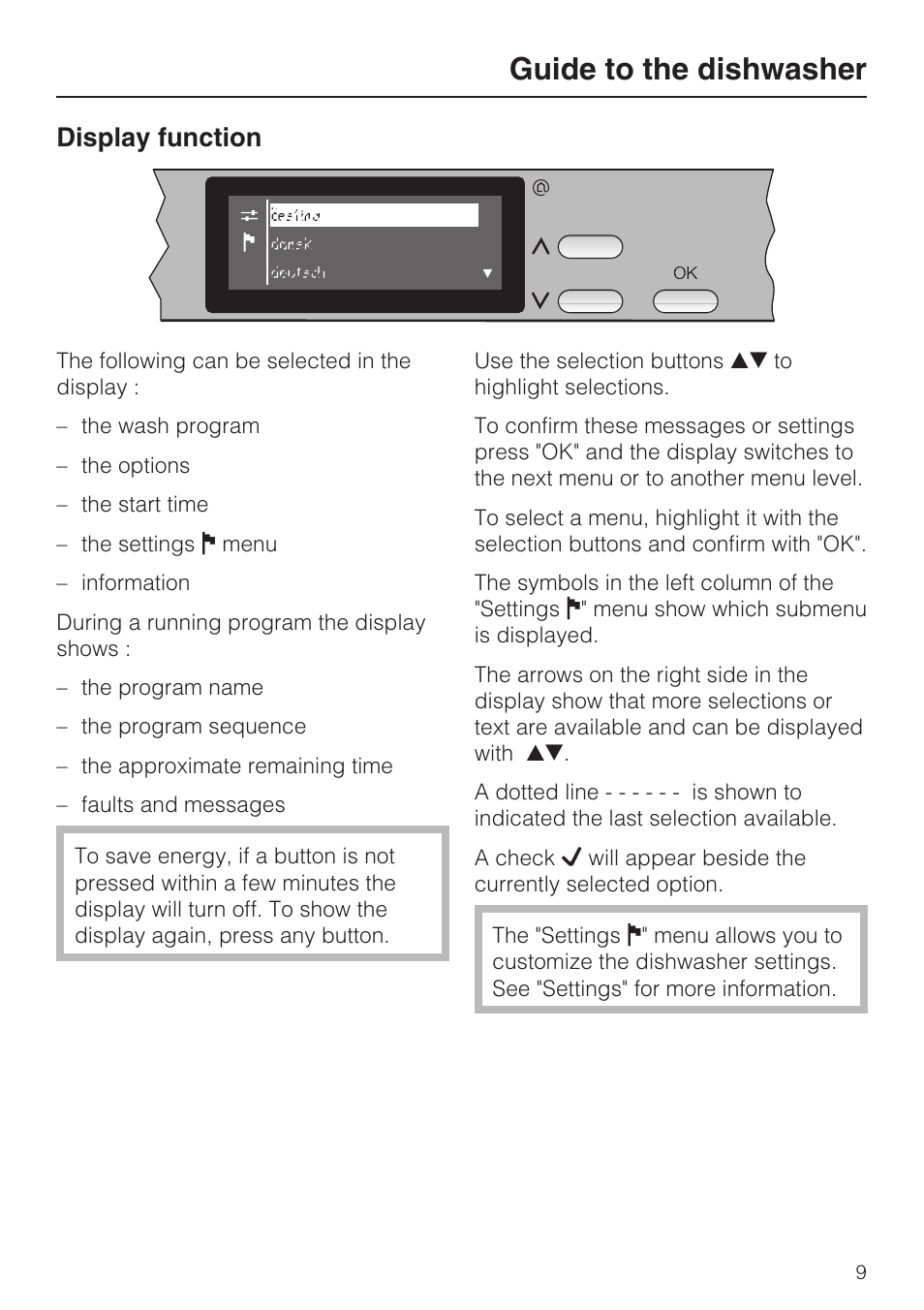 Display function 9, Guide to the dishwasher, Display function | Miele G 2732 User Manual | Page 9 / 76