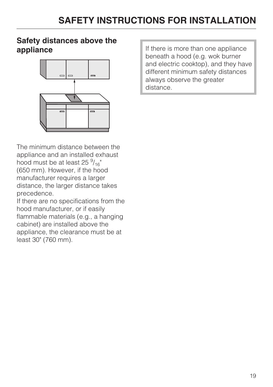 Safety instructions for installation, Safety distances above the appliance | Miele SALAMANDER GRILL CS 1421 User Manual | Page 19 / 32