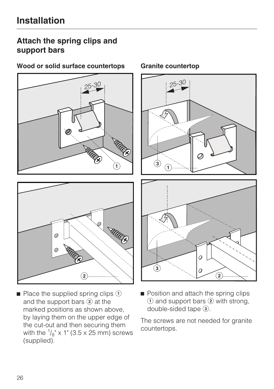 Attach the spring clips and support bars 26, Installation, Attach the spring clips and support bars | Miele SALAMANDER GRILL CS 1421 User Manual | Page 26 / 32