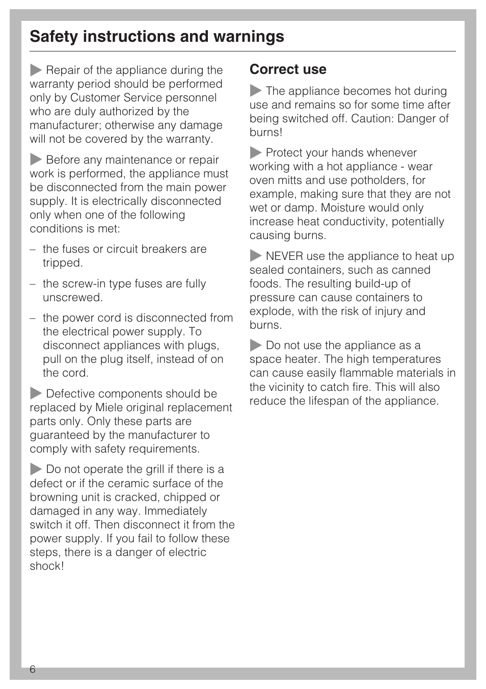 Safety instructions and warnings | Miele SALAMANDER GRILL CS 1421 User Manual | Page 6 / 32