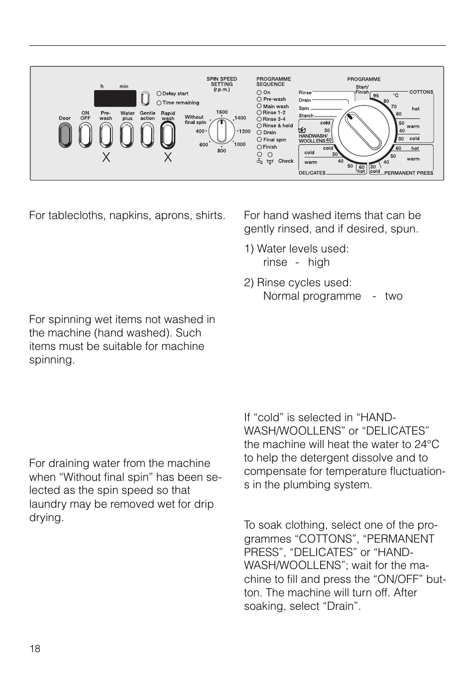 Programmes, Starch, Spin | Drain, Rinse | Miele W1930 User Manual | Page 18 / 52