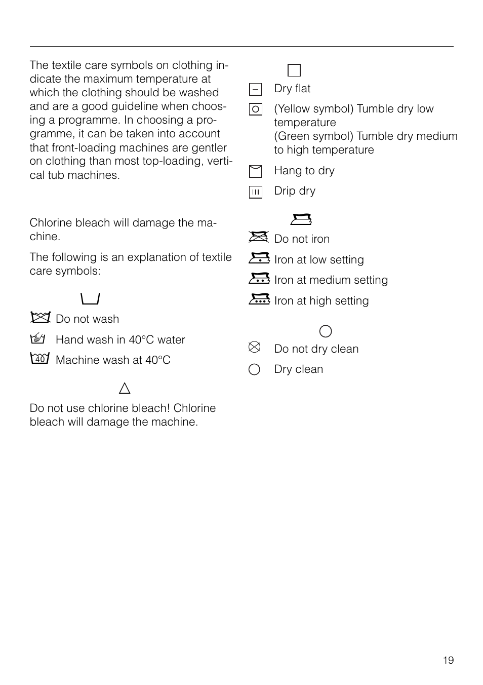 Textile care symbols 19, Help protect our environment, Textile care symbols | Miele W1930 User Manual | Page 19 / 52