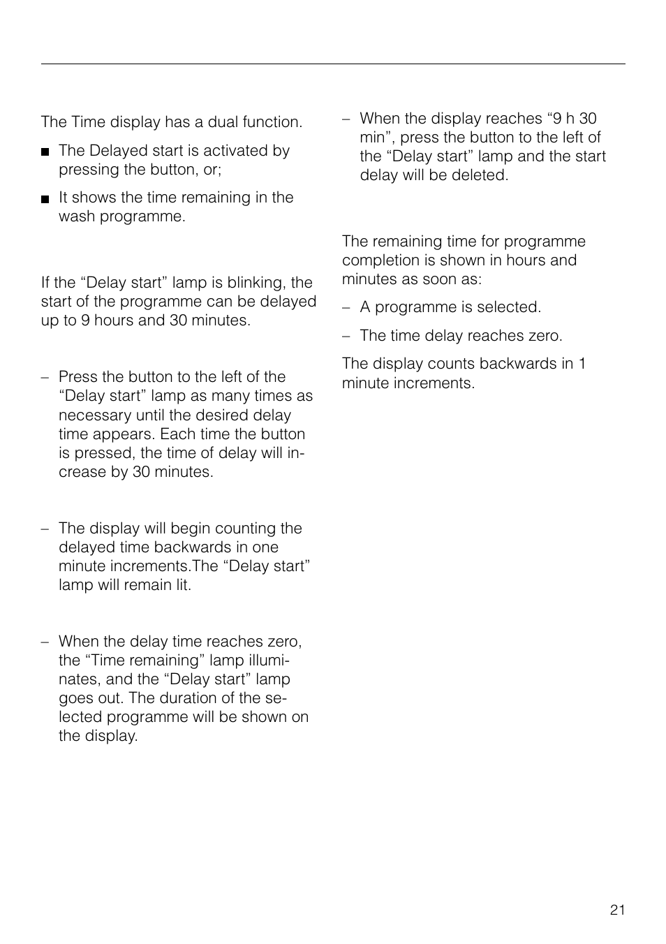 Delay start/time remaining indicator 21, Economical usage, Delay start/time remaining indicator | Time display “h:min | Miele W1930 User Manual | Page 21 / 52