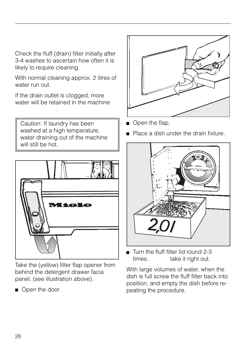 User maintenance cleaning and care, Cleaning the fluff (drain) filter and pump | Miele W1930 User Manual | Page 28 / 52