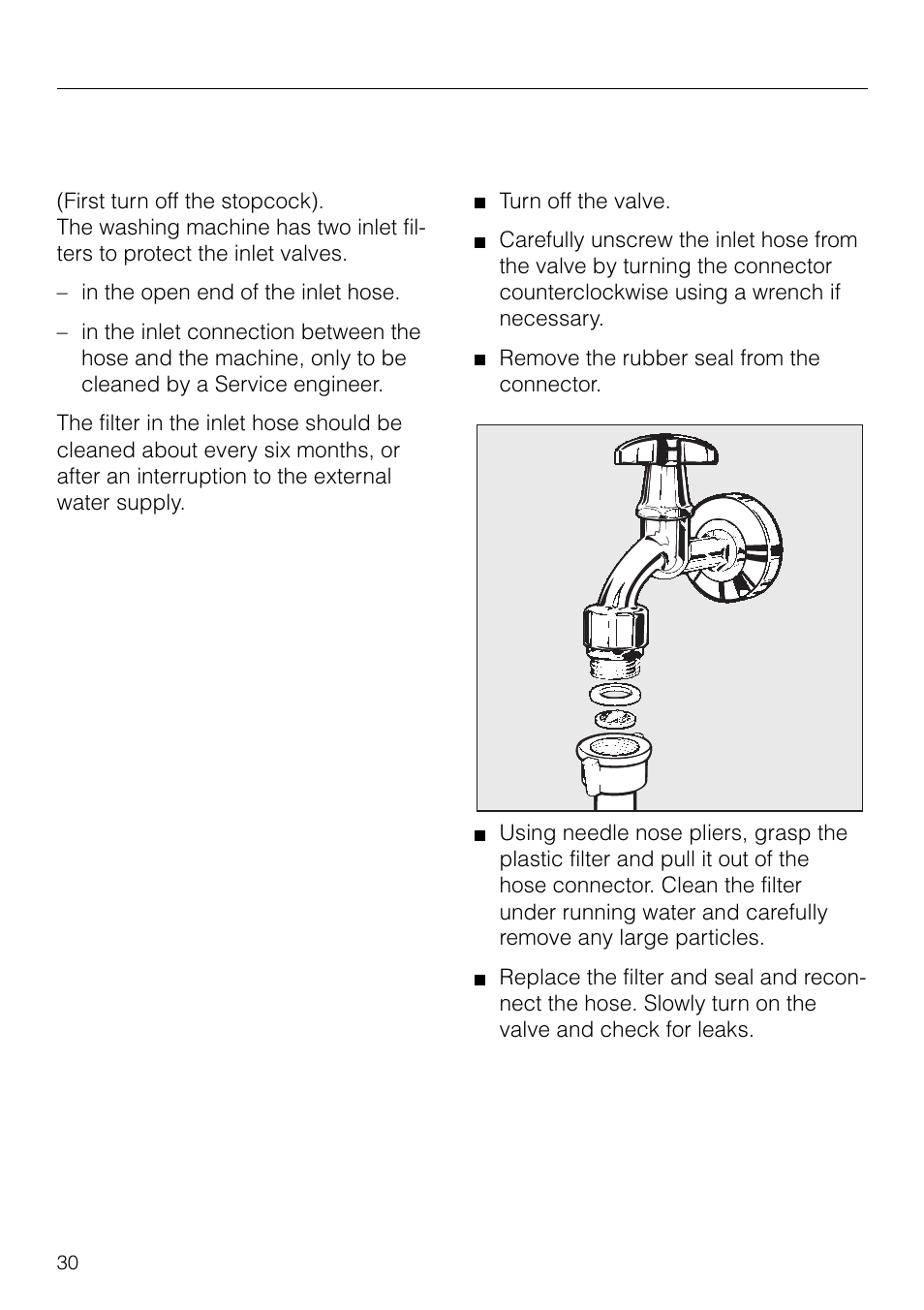 User maintenance cleaning and care, Cleaning the filter in the water inlet | Miele W1930 User Manual | Page 30 / 52