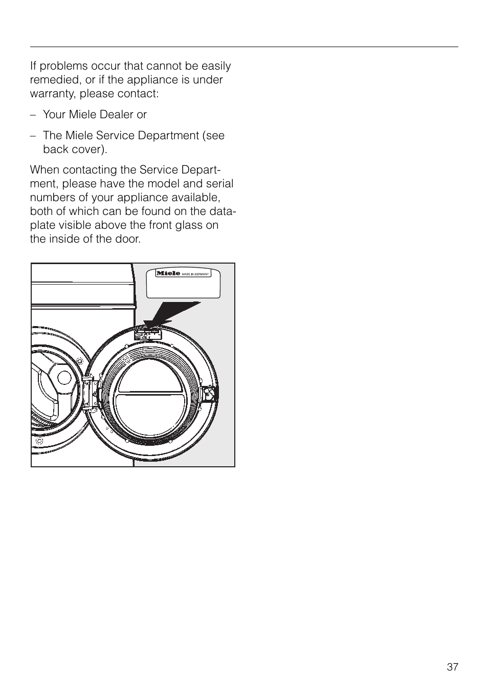 After sales service 37, Installation instructions 38, After sales service | Miele W1930 User Manual | Page 37 / 52