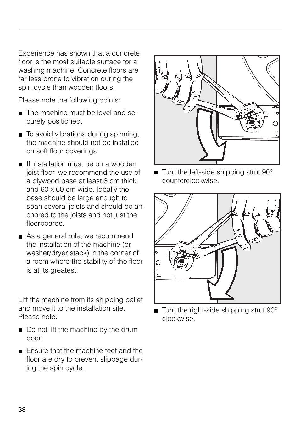 Installation instructions 38, Installation instructions, Installation surface | Installation, Removing the shipping struts | Miele W1930 User Manual | Page 38 / 52