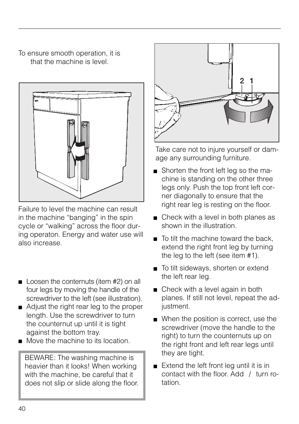 Installation instructions, Levelling the machine | Miele W1930 User Manual | Page 40 / 52