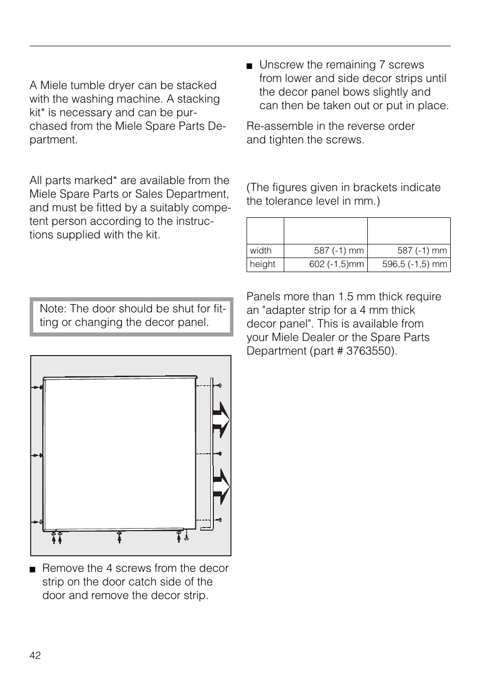 Installation instructions, Fitting or changing the decor panel | Miele W1930 User Manual | Page 42 / 52