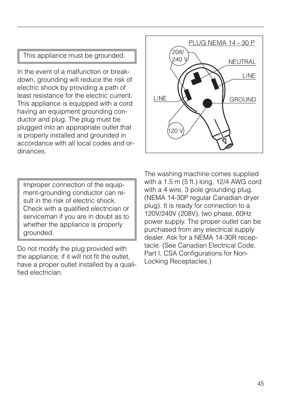 Electrical connection 45, Technical data 47, Electrical connection | Miele W1930 User Manual | Page 45 / 52