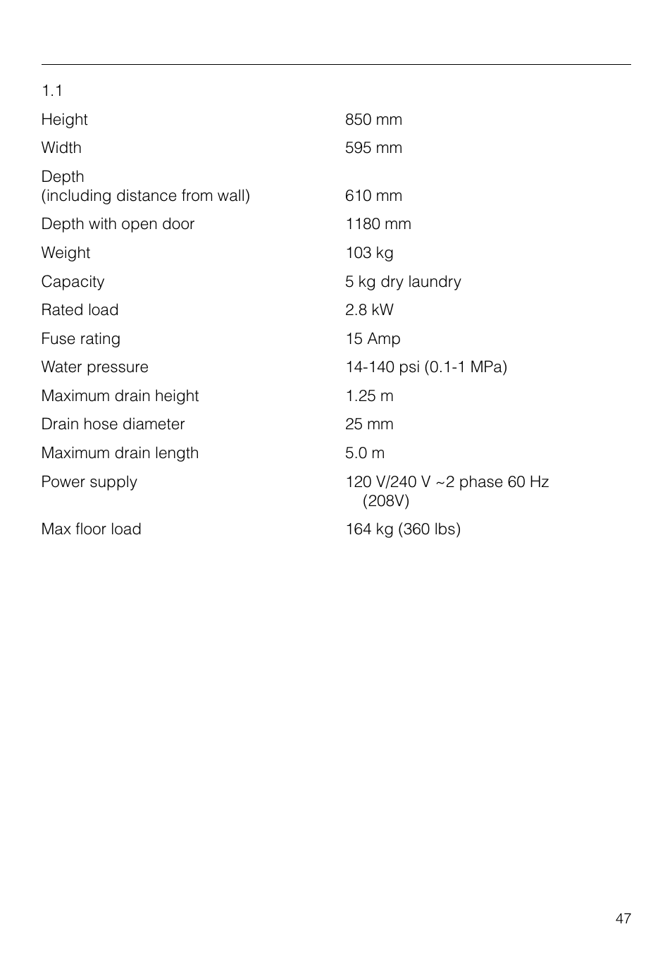 Technical data 47, Technical data | Miele W1930 User Manual | Page 47 / 52