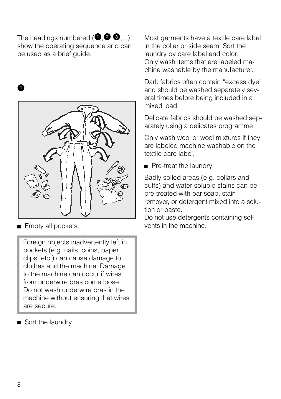 Preparing the laundry 8, Important safety instructions, Preparing the laundry | Miele W1930 User Manual | Page 8 / 52