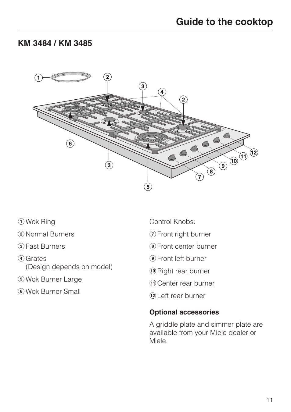 Km 3484 / km 3485 11, Guide to the cooktop | Miele KM 3485 User Manual | Page 11 / 40