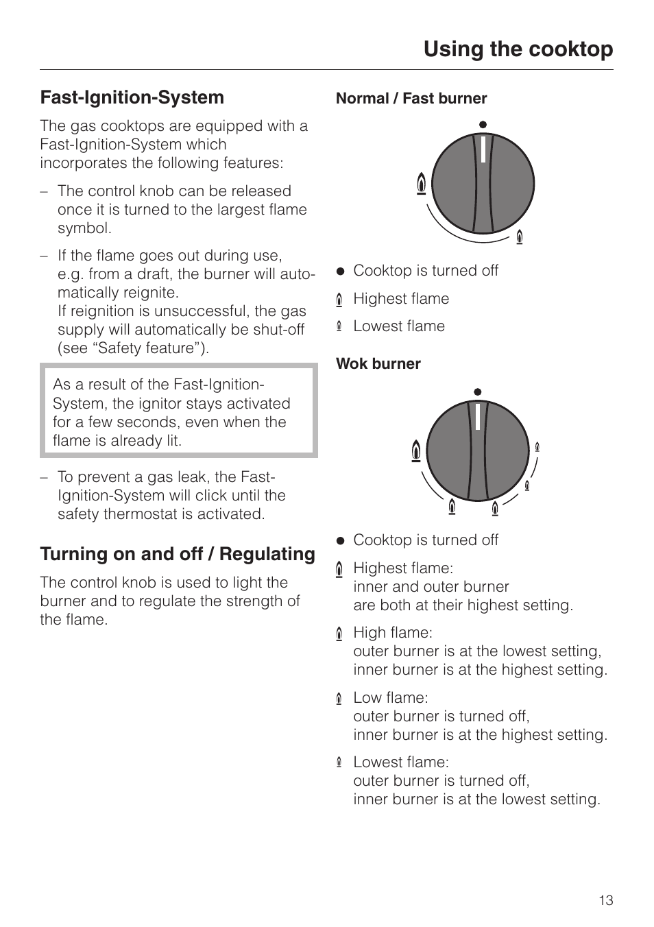 Using the cooktop 13, Fast-ignition-system 13, Turning on and off / regulating 13 | Using the cooktop, Fast-ignition-system, Turning on and off / regulating | Miele KM 3485 User Manual | Page 13 / 40