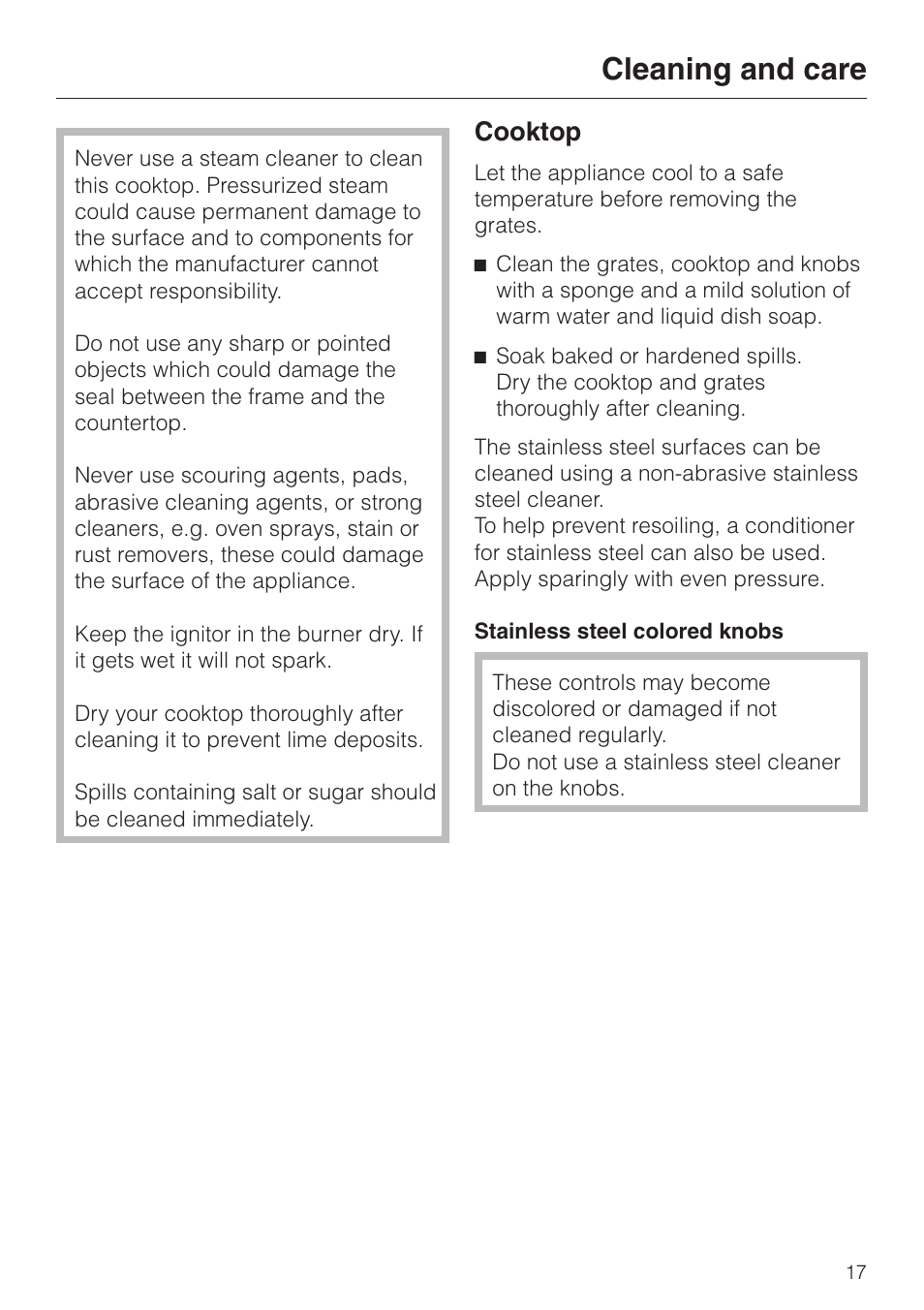 Cleaning and care 17, Cleaning and care, Cooktop | Miele KM 3485 User Manual | Page 17 / 40