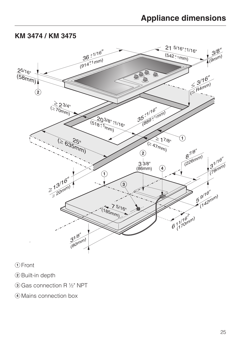 Km 3474 / km 3475 25, Appliance dimensions | Miele KM 3485 User Manual | Page 25 / 40