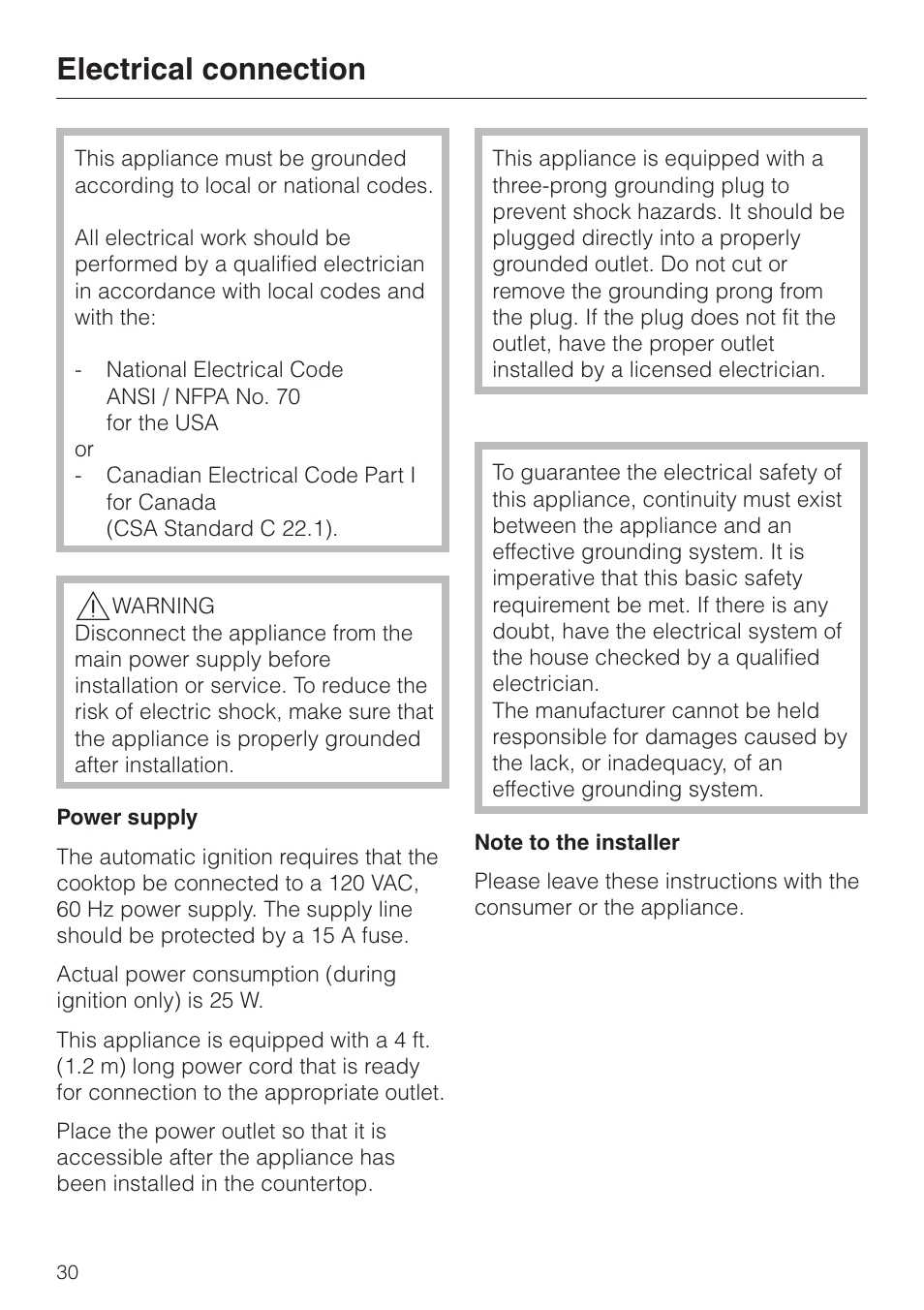 Electrical connection 30, Electrical connection | Miele KM 3485 User Manual | Page 30 / 40