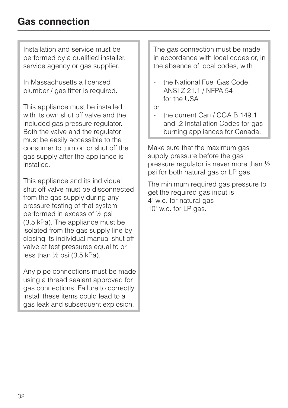 Gas connection 32, Gas connection | Miele KM 3485 User Manual | Page 32 / 40